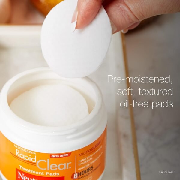 Neutrogena Rapid Clear Maximum Strength Acne Face Pads, for Acne Prone Skin, Salicylic Acid Treatment to Help Fight Breakouts, Oil-Free Facial Cleansing Pads with 2% Salicylic Acid Treatment, 60 Count - Image 6