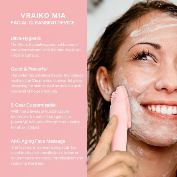MIA Facial Cleansing Brush, Waterproof Rechargeable Face Cleansing Brush, with Soft Silicone and Adjustable Sonic Vibration, for Deep Cleansing Gentle Exfoliating and Massaging (Pink) - Image 3