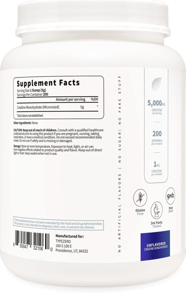 Type Zero Creatine Monohydrate (Unflavored) 1 KG, 5000mg (5g) Per Serving, Micronized, Zero Sugar, Keto Friendly & Gluten Free, 200 Servings - Image 5