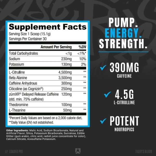 Ryse Loaded Pre Workout Powder Supplement for Men & Women | Pumps, Energy, Focus | Beta Alanine + Citrulline | 390mg Caffeine | 30 Servings (Tiger's Blood) - Image 3