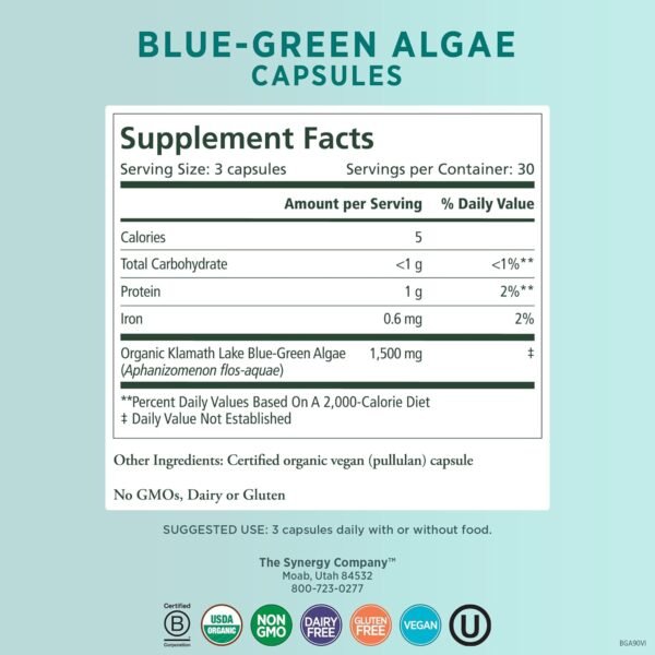 PURE SYNERGY Blue-Green Algae Capsules | Blue Green Algae with Chlorophyll | Organic Superfood Supplement from AFA Blue Green Algae | Supports Energy, Mental Clarity, and Detoxification (90 Capsules) - Image 3