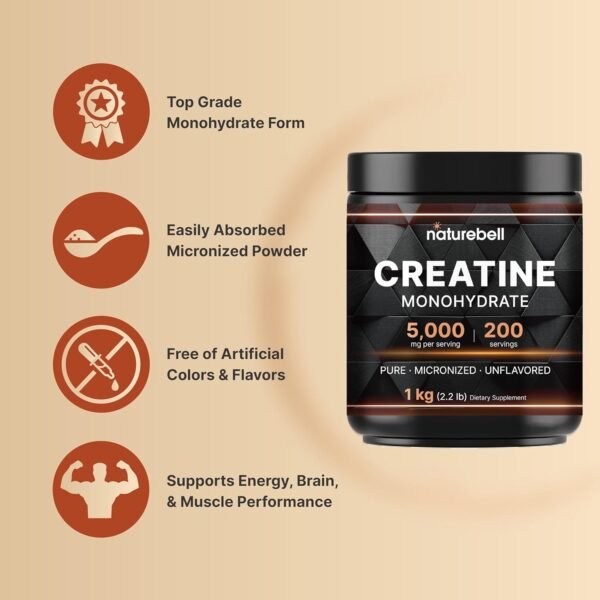 Creatine Monohydrate Powder 1000 Grams, 5000mg Per Serving | Pure Unflavored Creatine Powder – Micronized – Pre Workout – Keto – Vegan – Dissolves Easy – Filler Free – 200 Servings (2.2lbs) - Image 4