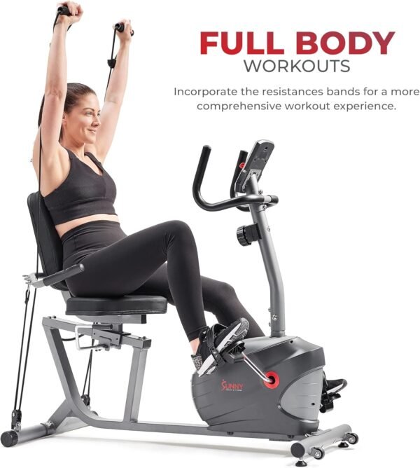 Sunny Health & Fitness Smart Indoor Recumbent Bike Trainer, Home Full Body Workout & Cardio Cycling Machine for Seniors, Free SunnyFit Bluetooth Connect, Optional Arm Exerciser Hand Cycle & Bands - Image 6
