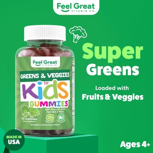 Feel Great Super Green Gummies for Kids | Fruit and Vegetable Gummies | Vegan Veggie Gummy Multivitamin for Kids | Veggie Fiber Supplement | 60 Count - Image 3