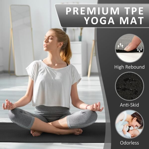 All Purpose 1/4-Inch High Density Anti-Tear Exercise Yoga Mat with Carrying Strap and Yoga Blocks, Black - Image 5