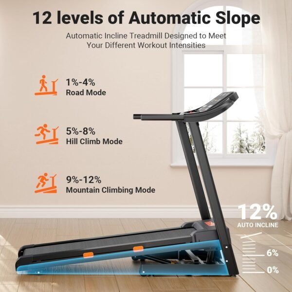 THERUN Incline Treadmill, 0-12% Auto Incline Treadmill for Running and Walking, 300 lbs Weight Capacity Folding Treadmill with Wide Belt,3.0HP,18" LED Screen, 2 Layers Shock-Absorbing - Image 6