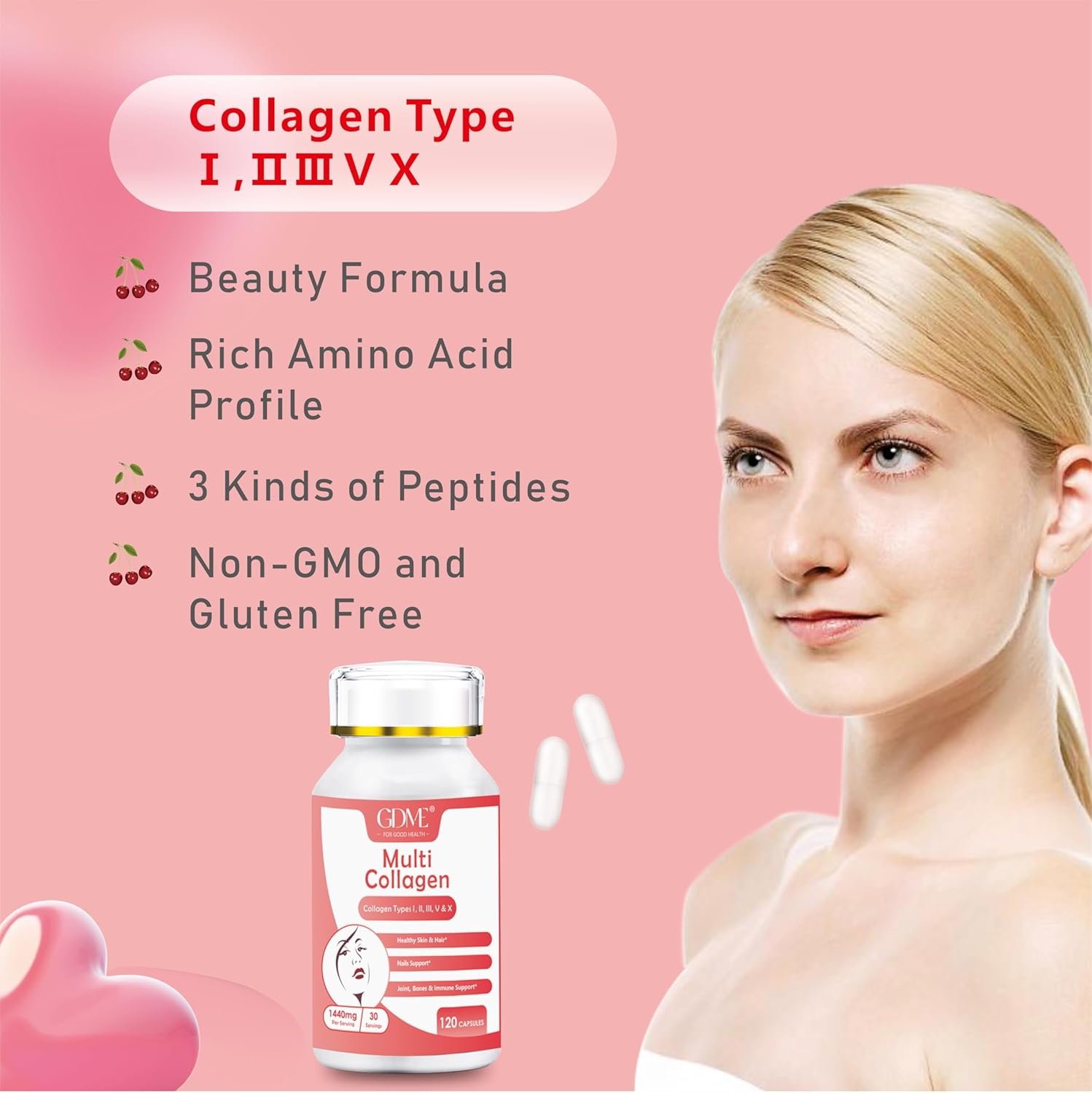 GDME Multi Collagen Peptides Powder for Women - Type I, II, III, V, X - Hydrolyzed Collagen Peptides, Supports Skin Hair Nail & Joint, Grass-Fed, Non-GMO, 120 Capsules - Image 3