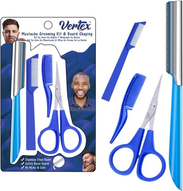Mustache Scissors Grooming Kit Comb - Movember Travel Razor Mens Beard Trimmer Straight Edge Stainless Steel Shaping Tool For Men After Black Color Dye Goatee Shaper Clippers Balm Combs Wash Brush - Image 2