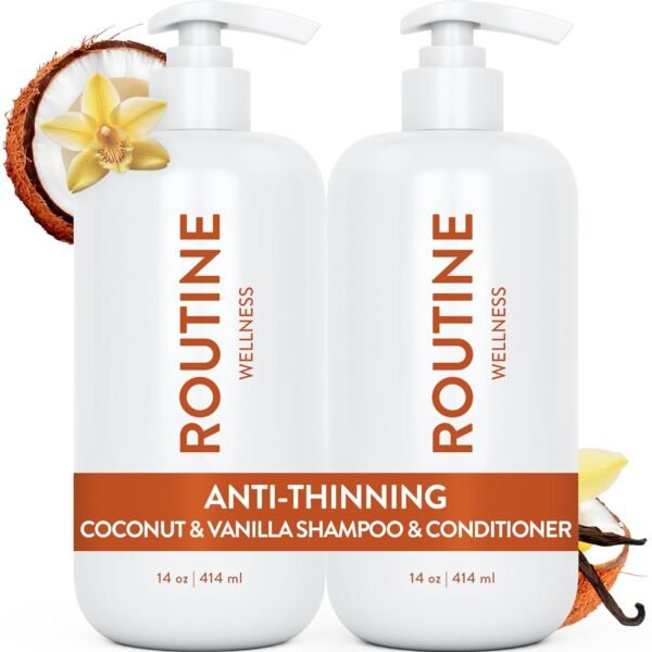 Routine Wellness Anti-Thinning Shampoo and Conditioner Set for Thinning Hair - Biotin DHT Blocker Women & Men - Color Safe Shampoo for Hair Loss & Healthier Growth - Coconut & Vanilla (Pack of 2) - Image 2