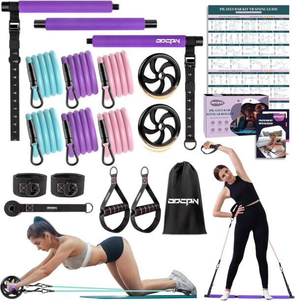 Pilates Bar Kit with Resistance Bands, Multifunctinal Exercise Bar with Ab Roller for Pilates/Abs/Weight Loss, Portable Home Gym Pilates bar kit for Full Body Training Women - Image 2