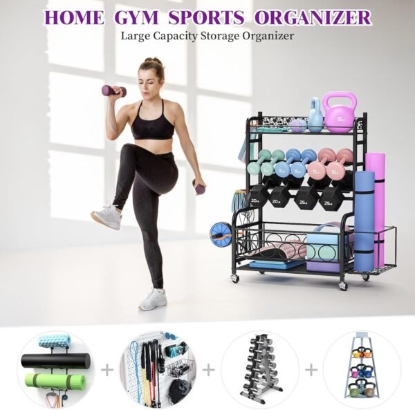 Weight Rack for Dumbbells, Dumbbell Rack Weight Stand, VOPEAK Home Gym Storage Rack for Yoga Mat Kettlebells and Strength Training Equipment, Weight Storage Holder Rack for Dumbbells with Wheels - Image 3