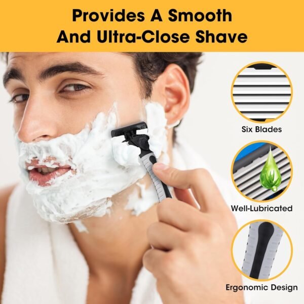 CXYARY Disposable Razors for Men, 6-Blade Razor Blades with Lubrication, 3 Razor & 30 Razor Blades Refills, 33PCS Men's Razor Blades & Cartridges - Black - Image 6