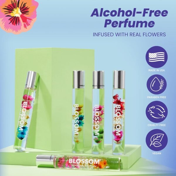 Blossom Roll on Perfume for Women Alcohol Free Rollerball Perfume Oil with Essential Oils, Infused with Real Flowers, Made in USA, 0.3oz, 3 pack Mini Gift Set, Hibiscus/Honey Jasmine/Rose - Image 3