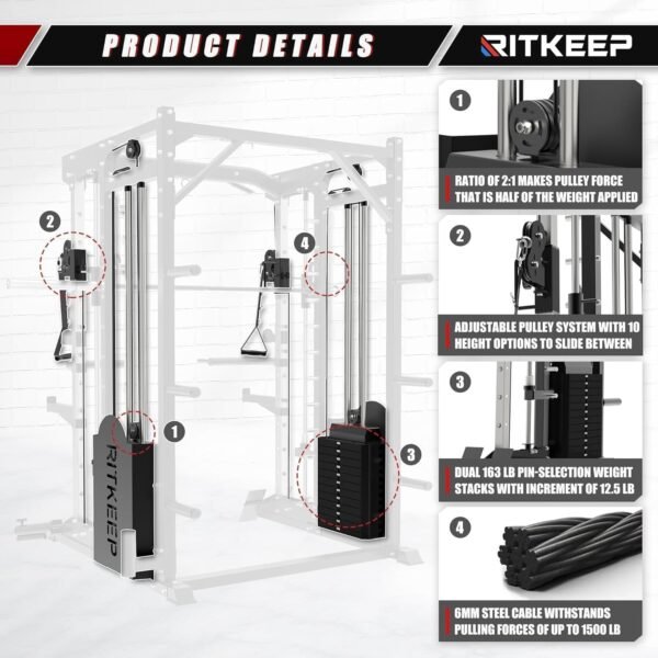 RitKeep PMAX 5600 Training Machine - 6 in 1 Home Gym Station with Cross Cable System, Dual Weight Stacks and Multi Press Attachments for Comprehensive Strength Training - Image 6