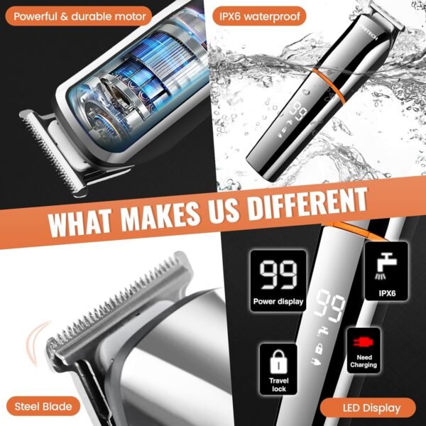 PRITECH Beard Trimmer for Men, 6 in 1 Beard Trimmer Kit, Electric Beard Trimmer with Hair, Precision, Body, Nose, Foil Razor, Grooming Kit Waterproof IPX6 (Silver) - Image 9