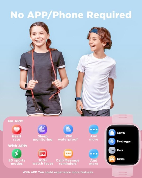 BIGGERFIVE Smart Watch for Kids, 1.8" Fitness Tracker Watch Pedometer, Heart Rate, IP68 Waterproof, Sleep Monitor, Calorie Step Counter, 5 Puzzle Games with/Without APP for Girls Teens 5-16 - Image 3