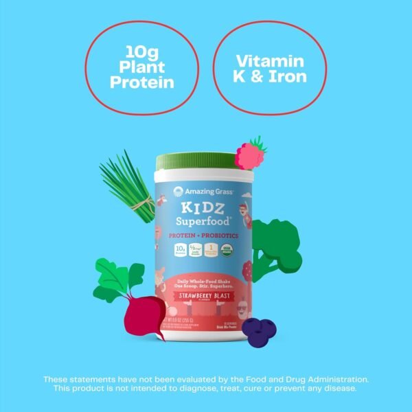 Amazing Grass Kidz Superfood: Vegan Protein & Probiotics for Kids with Beet Root Powder & 1/2 Cup of Leafy Greens, Strawberry Blast, 15 Servings - Image 4