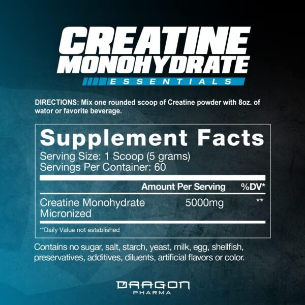 DRAGON PHARMA Creatine Monohydrate, Aid Muscle Recovery, Post-Workout Supplement, Antioxidant Support (60 Servings, Unflavored) - Image 3
