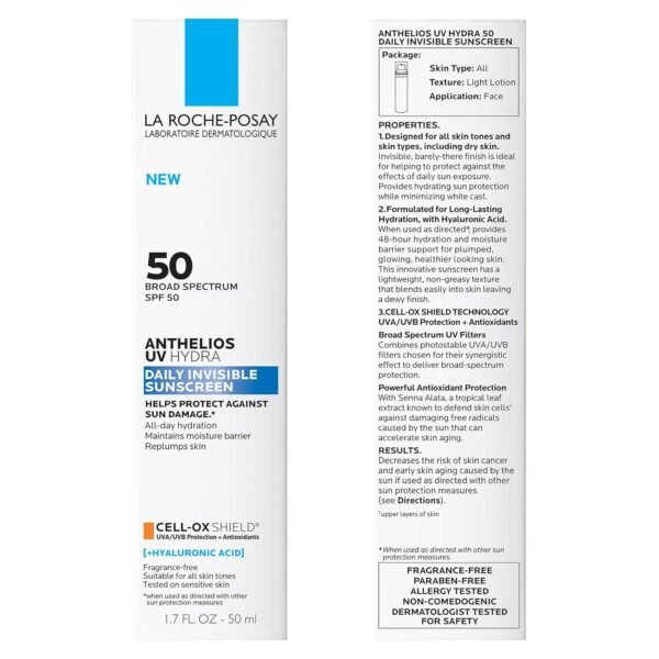 La Roche Posay Anthelios UV Hydra Sunscreen SPF 50 | Daily Hydrating Sunscreen for Face with Hyaluronic Acid and Vitamin E | Broad Spectrum Invisible SPF Protection | Anti Aging | Fragrance Free - Image 7