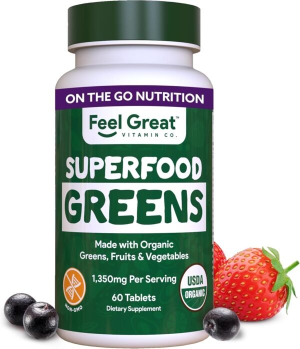 Feel Great Vitamins Super Greens Tablets | Organic Greens, Fruits and Veggies Supplement | Fruit and Veggie Supplement with Kale, Spinach Extract, Green Onion, and More, 60 Tablets - Image 2
