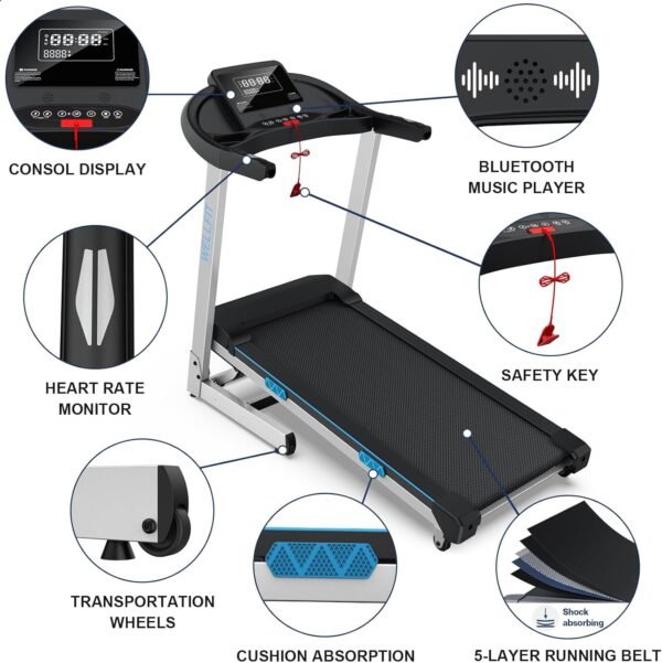 WELLFIT Home Gym Treadmills 15% Auto Incline, 3.5HP Treadmill 350lbs Capacity, Foldable Treadmill for Small Space, Voice Control, LED Console Display, Music Players, 45 * 18 Large Area, 95% Assembled - Image 6