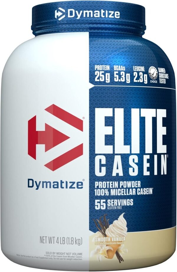 Dymatize Elite Casein Protein Powder, Slow Absorbing with Muscle Building Amino Acids, 100% Micellar Casein, 25g Protein, 5.4g BCAAs & 2.3g Leucine, Helps Overnight Recovery, Smooth Vanilla, 4 Pound - Image 2