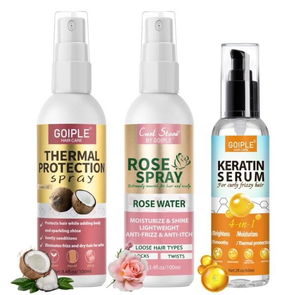 Coconut Heat Protectant Spray - Keratin Protein Hair Serum Anti Frizz Control Repair - Rose Water Moisturize Anti-Frizz Smooth Products (3PCS) - Image 2