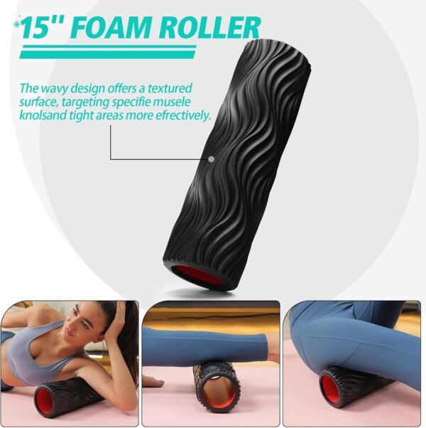 5 in 1 Foam Roller Set Muscle Massage Foam Ripple Roller for Deep Tissue Massage of The Back and Leg Muscles, Relieves Muscle Pain & Tightness, Improves Mobility (Black) - Image 3