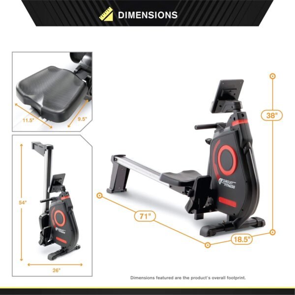 CIRCUIT FITNESS Circuit Fitness Foldable Magnetic Rowing Machine for Cardio and Body Building Exercise - Red/Bluetooth - Image 3