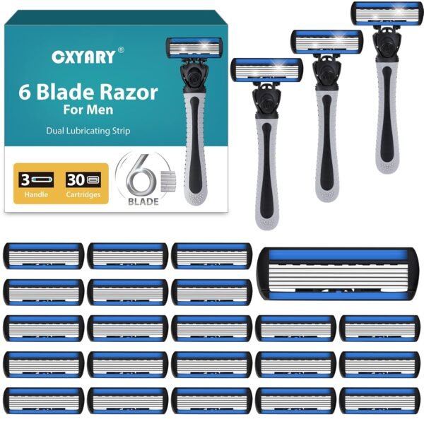 CXYARY Disposable Razors for Men, 6-Blade Razor Blades with Lubrication, 3 Razor & 30 Razor Blades Refills, 33PCS Men's Razor Blades & Cartridges - Black - Image 2