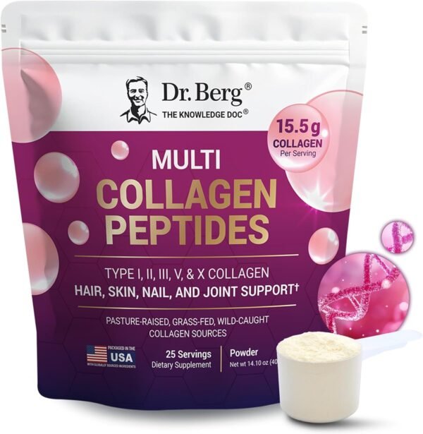 Dr. Berg Multi Collagen Peptides Powder Types I, II, III, V, X - Unflavored Collagen Powder w/ 14 g of Protein - Grass-Fed, Pasture-Raised & Wild-Caught Collagen Sources - 25 Servings - Image 2