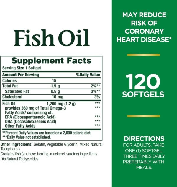 Nature's Bounty Fish Oil, Dietary Supplement, Omega 3, Supports Heart Health, 1200 Mg, 120 Rapid Release Softgels - Image 3