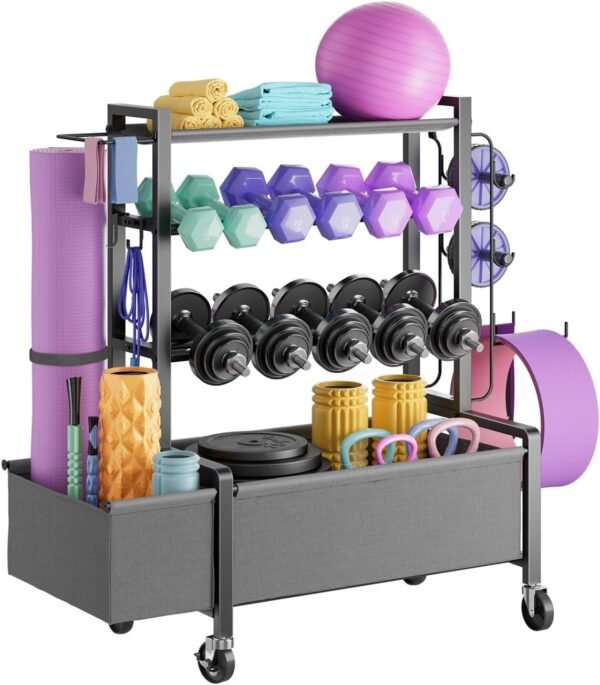Adjustable Dumbbell Rack, Weight Rack for Dumbbells, Home Gym Storage for Dumbbells Kettlebells Yoga Mat Ball, All in One Workout Equipment Organizer with Caster - Image 2