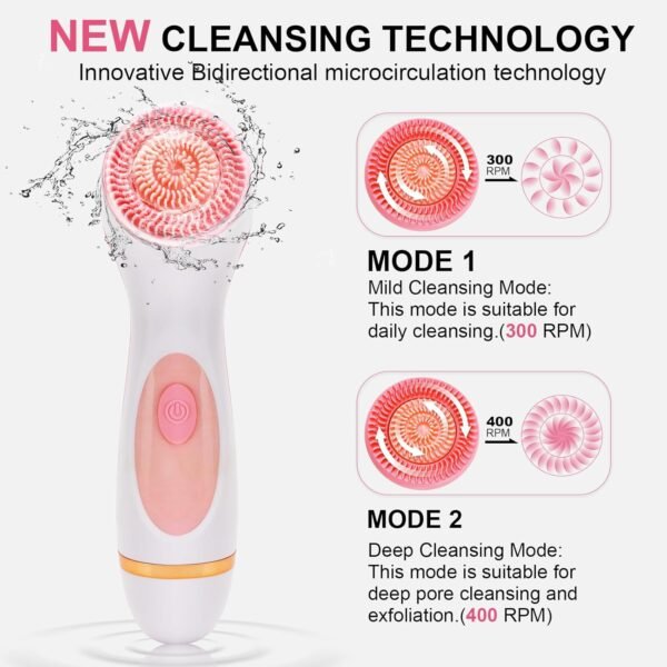 Facial Cleansing Brush,Electric Face Scrubber with 3 Brush Heads for Cleansing and Exfoliating,3 in 1 Waterproof Rechargeable Face Cleansing Brush for Dry Oily Sensitive Skin (Pink) - Image 4