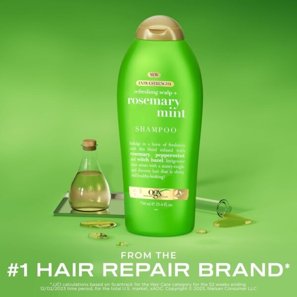 OGX Extra Strength Refreshing Scalp + Rosemary Mint Shampoo, Nourishing Shampoo Infused with Rosemary Mint for Shiny, Healthy-Looking Hair, Sulfate-Free Surfactants, 25.4 fl. Oz - Image 3