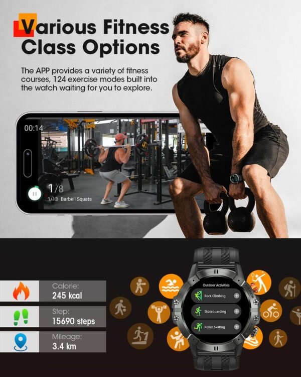Smart Watches for Men, Bluetooth Call Military Smart Watch, Waterproof Fitness Tracker with Heart Rate/Blood Oxygen/Sleep Monitor/124 Sports Modes, Tactical Watch for Android Phones & iPhone (Black) - Image 4