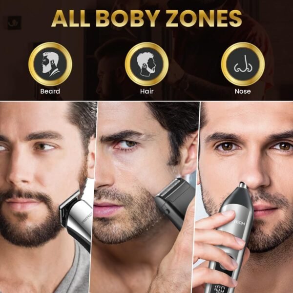 PRITECH Beard Trimmer for Men, 3 in 1 Hair Trimmer for Men Kit, Nose Ear Trimmer, Micro Shaver, Mens Grooming Set Cordless with LED Display IPX6 Waterproof (Silver) - Image 3