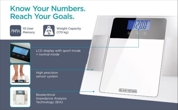Black + Decker Digital Bath Composition Smart Scale. Weight, BMI, Calorie Recommendation, Fat, Water, Muscle, Body Bone Analysis, White - Image 6