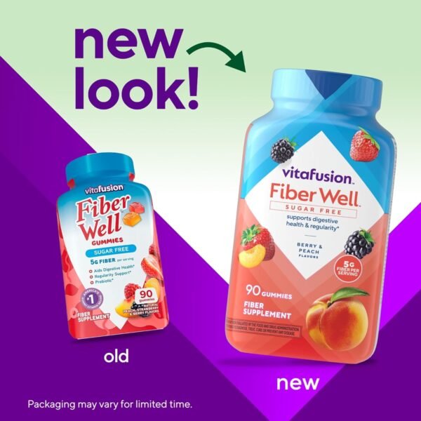 Vitafusion Fiber Well Sugar Free Fiber Gummies Supplement, Peach, Strawberry, And Blackberry Flavored Supplements, 90 Count - Image 3
