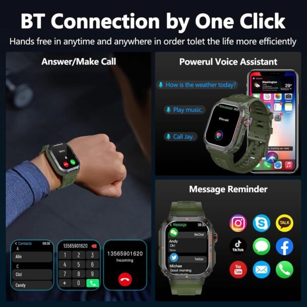 Military Smart Watch with GPS(Answer/Make Call), Waterproof Fitness Tracker Smartwatches with Health Monitor, Compass/Altitude/Air Pressure,100+ Sport Modes, for Android/iPhone (with GPS, Green) - Image 3
