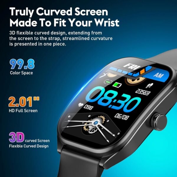 Curve Smart Watch for Men Women Answer Make Calls, 2.01" Fitness Tracker with 100 Sport Modes, Step Counter Heart Rate Sleep Tracker Accurate, IP68 Waterproof Fitness Watch for Android iOS, Black - Image 3