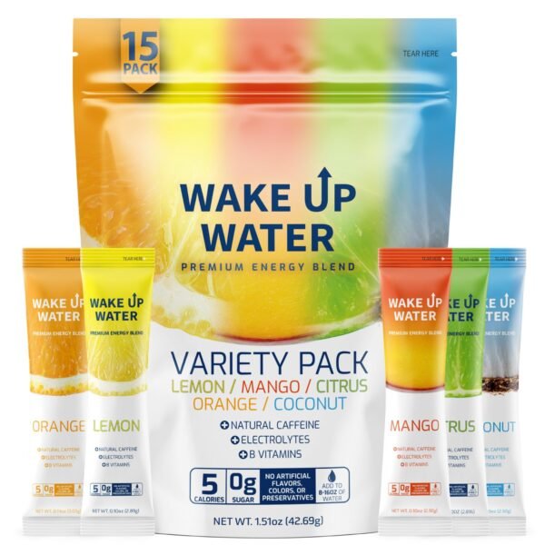 Wake Up Water - Energy + Hydration Sugar Free 15 Packet, Variety Pack - Energy Drink Powder, Electrolytes Powder Drink, Natural Caffeine Mix Packet, B Vitamins, 5 Calories, Gluten Free - .10 oz (2.9g) - Image 8