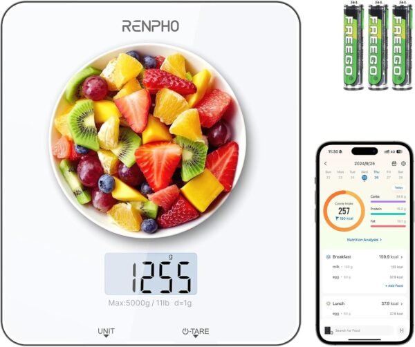 RENPHO Food Scale with Nutritional Calculator, Digital Kitchen Scale for Weight Loss, Smart Food Weight Scale with App for Macro Keto Calorie Cooking, Grams and Ounces, White, 11lb/5kg - Image 2