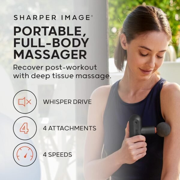 Sharper Image Deep Tissue Portable Percussion Massage Gun, Compact Plus, Back & Neck Muscle Massager with 4 Attachments - Handheld Rechargeable Massage Gun for Athletes (Renewed) (Gunmetal Gray) - Image 3