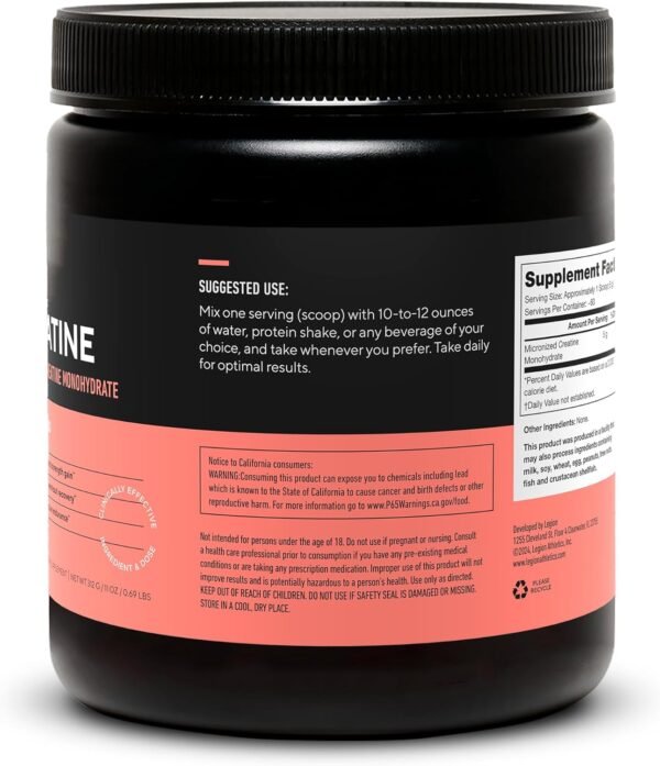 LEGION Micronized Creatine Monohydrate Supplement - Clean Creatine Powder for Muscle Gain & Post Workout Recovery - Micronized Creatine Supplement for Maximum Absorption (60 Servings, Unflavored) - Image 5