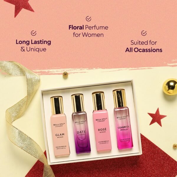 Bella Vita Eau De Parfum Set for Women (4x20 mL) with Date, Senorita, Glam, Rose | Vanilla, Floral, Sweet, Musk | Perfect for trials, gifting, or blending to craft your unique fragrance - Image 4