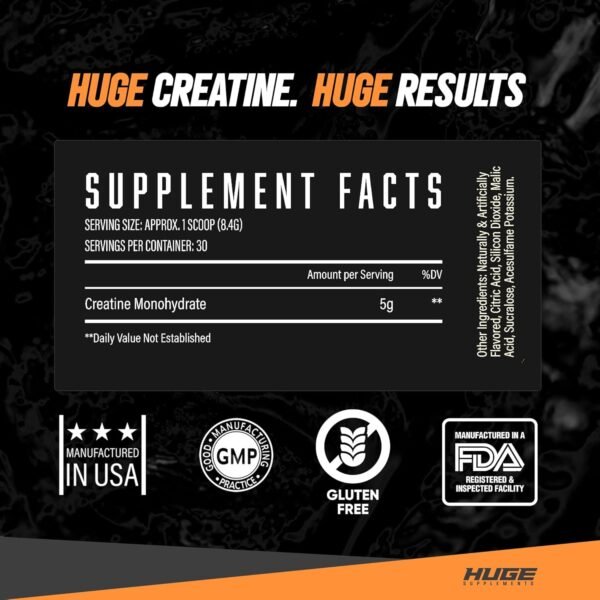 Huge Supplements Creatine Monohydrate Powder, 5000mg of Pure Creatine, Clinically Dosed to Boost Performance, Increase Muscle Strength and Size, 30 Servings (Orange) - Image 3