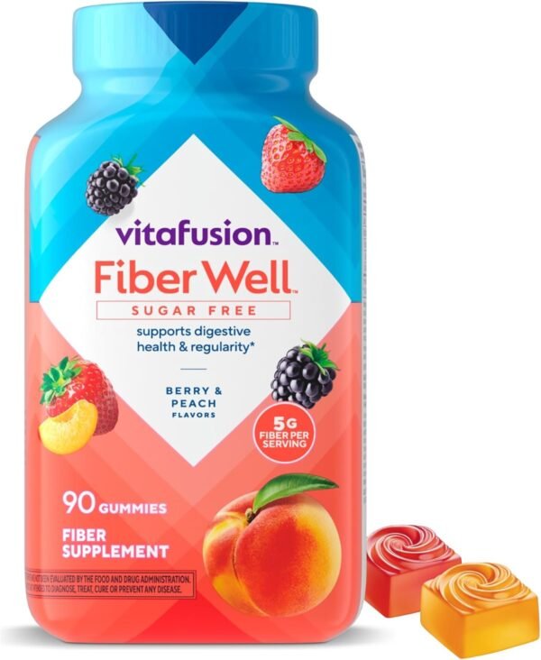 Vitafusion Fiber Well Sugar Free Fiber Gummies Supplement, Peach, Strawberry, And Blackberry Flavored Supplements, 90 Count - Image 2