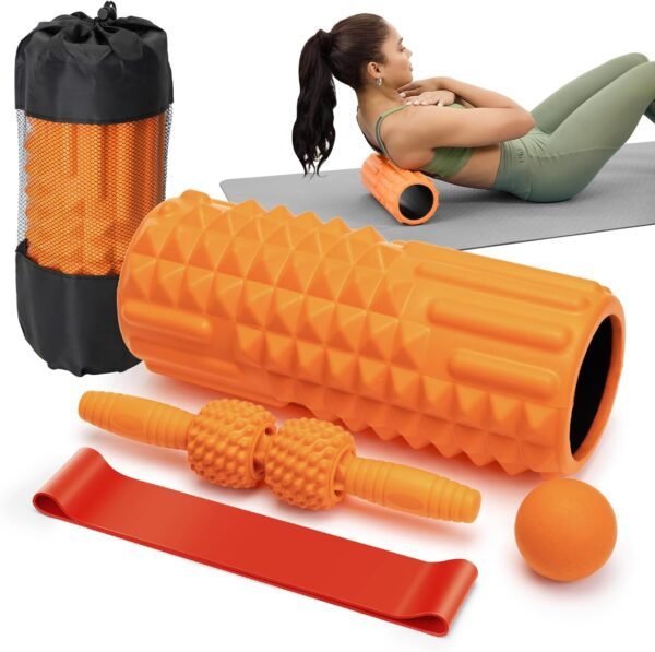 5 in 1 Foam Roller Set - Massage Roller Back Roller Foam, Muscle Roller Stick, Massage Ball, Resistance Band for Physical Therapy & Deep Tissue Muscle Massage (Orange) - Image 2