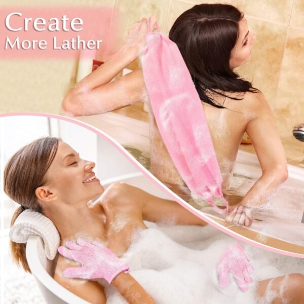 Anezus Exfoliating Shower Bath Gloves Back Scrubber Set for Body, Face, Shower, Bath, Scrub and Exfoliator (Pink) - Image 3